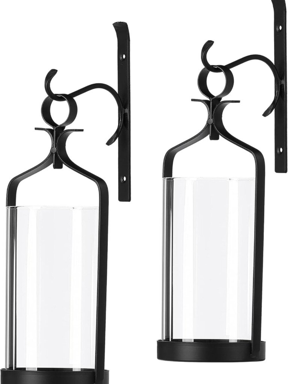 Elegant Black Metal Hanging Hurricane Glass Wall Sconce Candle Holders - Set of